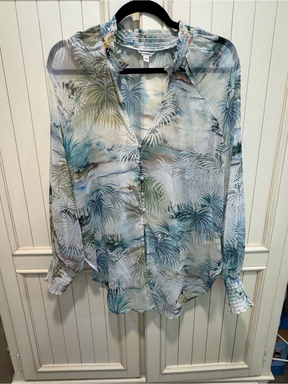 Guess Sheer Palm-Print Button Blouse in Blue and Green